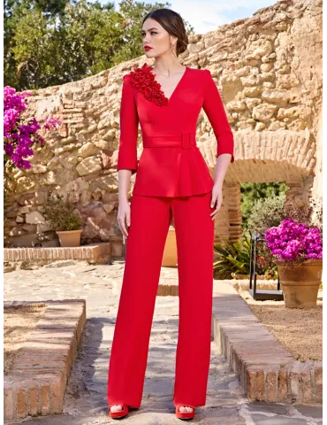 Sonia Pena red shirt and palazzo trousers formal suit set