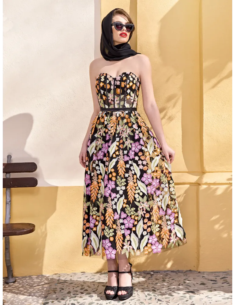 Sonia Pena 125021 | Abito midi decoltè in pizzo floreale multicolore Sonia Pena 125021 | Abito midi decoltè in pizzo floreale multicolore