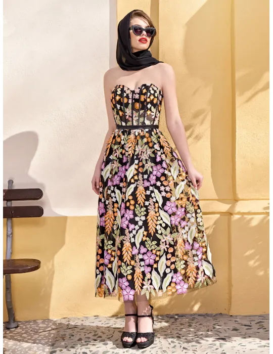 Sonia Pena 1250021 | Multicolor lace corset bodice A-line midi gown Sonia Pena 1250021 | Multicolor lace corset bodice A-line midi gown