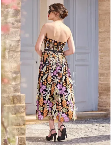Sonia Pena 1250021 | Multicolor lace corset bodice A-line midi gown 2