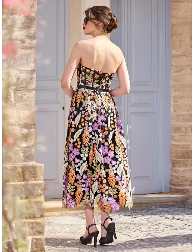 Sonia Pena 1250021 | Multicolor lace corset bodice A-line midi gown