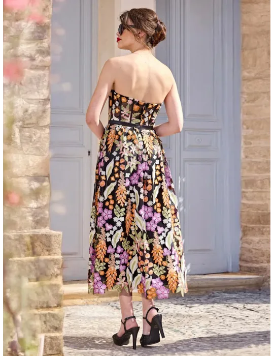 Sonia Pena 125021 | Abito midi decoltè in pizzo floreale multicolore