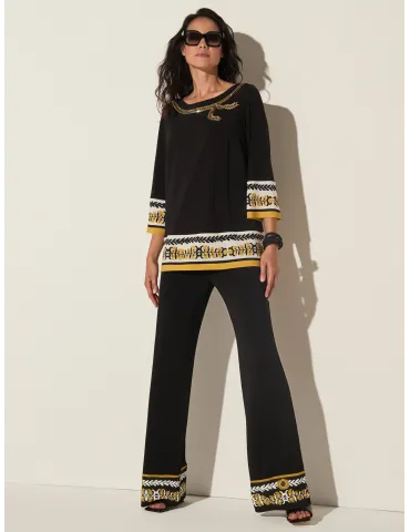 Piero Moretti black palazzo trousers with yellow border 2