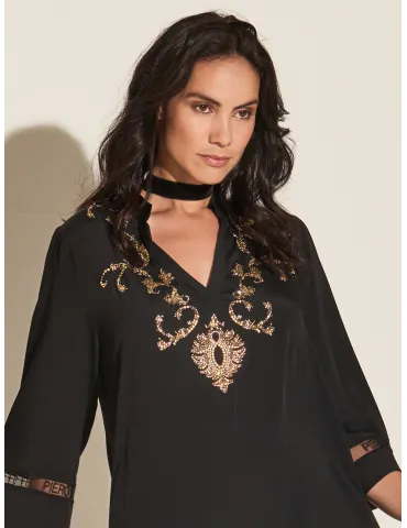 Black silk caftan dress with golden rhinestones embroidery 2