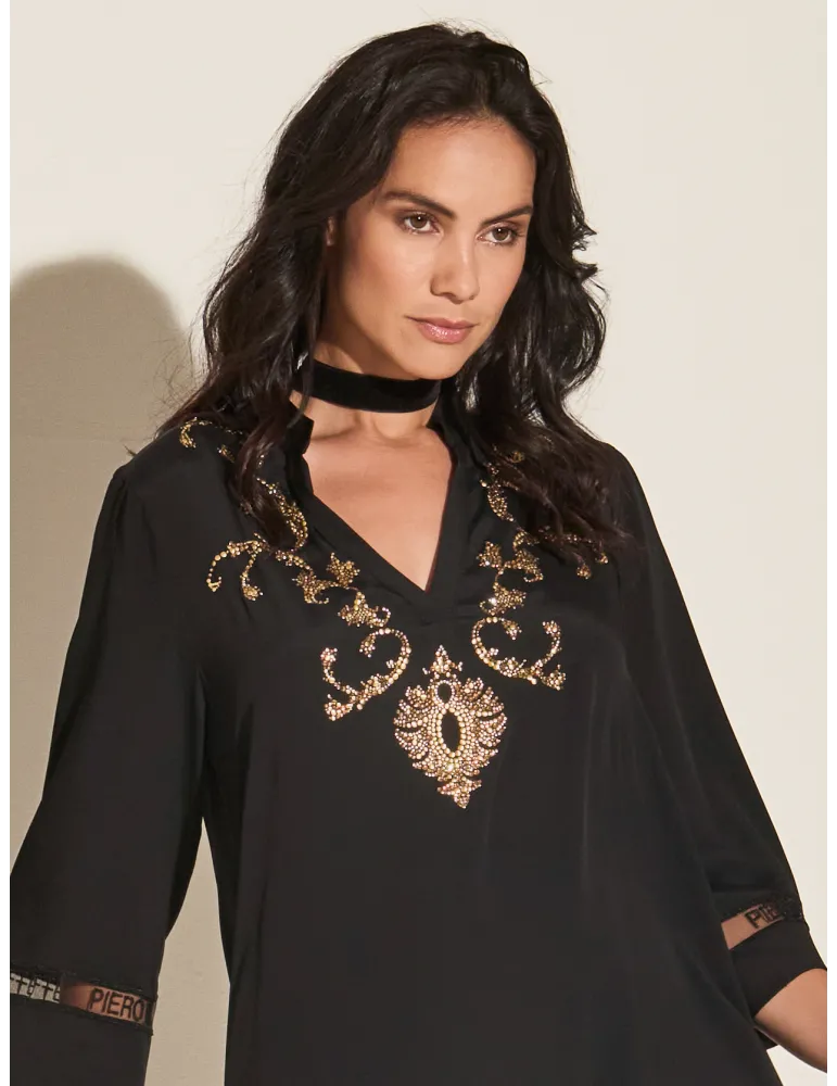 Piero Moretti 2025 | Black silk caftan dress with golden embroidery