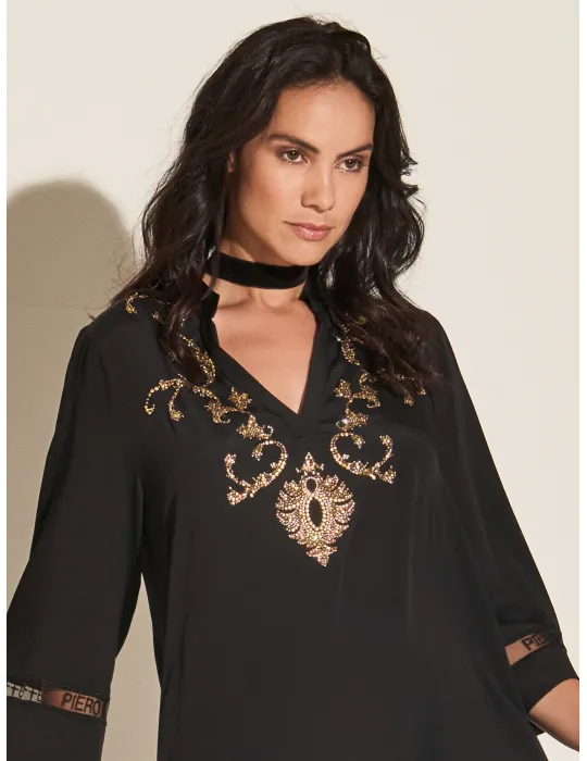 Piero Moretti 2025 | Black silk caftan dress with golden embroidery