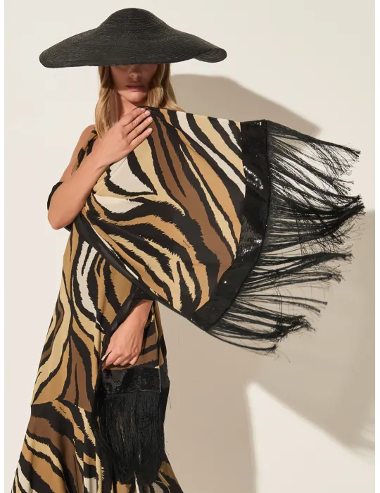 Piero Moretti black zebra printed scarf with wide fringes