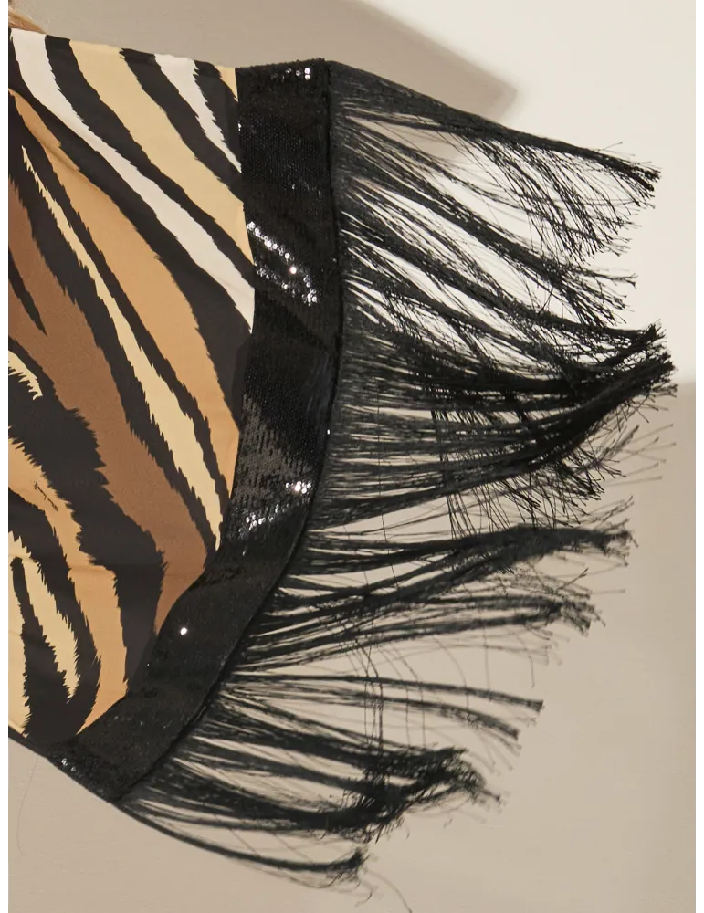 Piero Moretti black zebra printed scarf with wide fringes