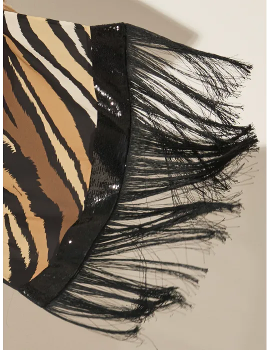 Piero Moretti black zebra printed scarf with wide fringes