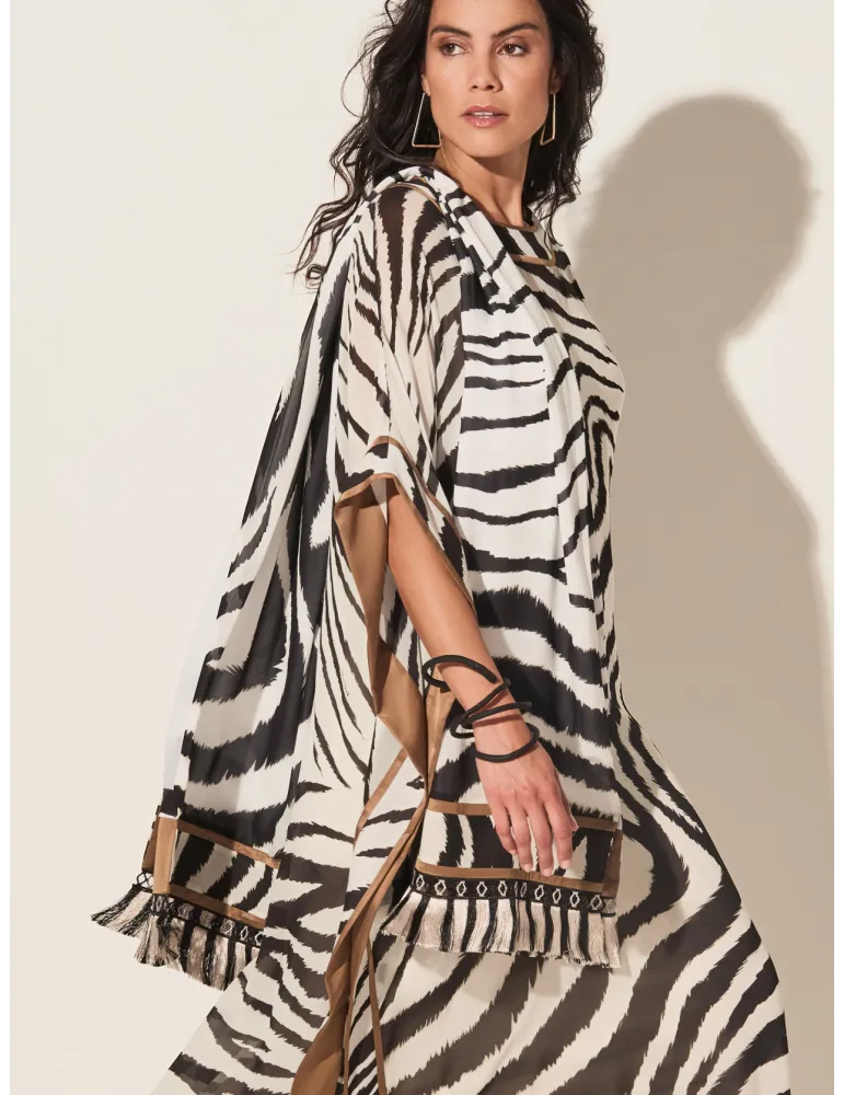 Piero Moretti black and white zebra printed scarf with fringes
