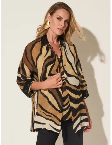 Piero Moretti camel black silk zebra printed shirt and top set