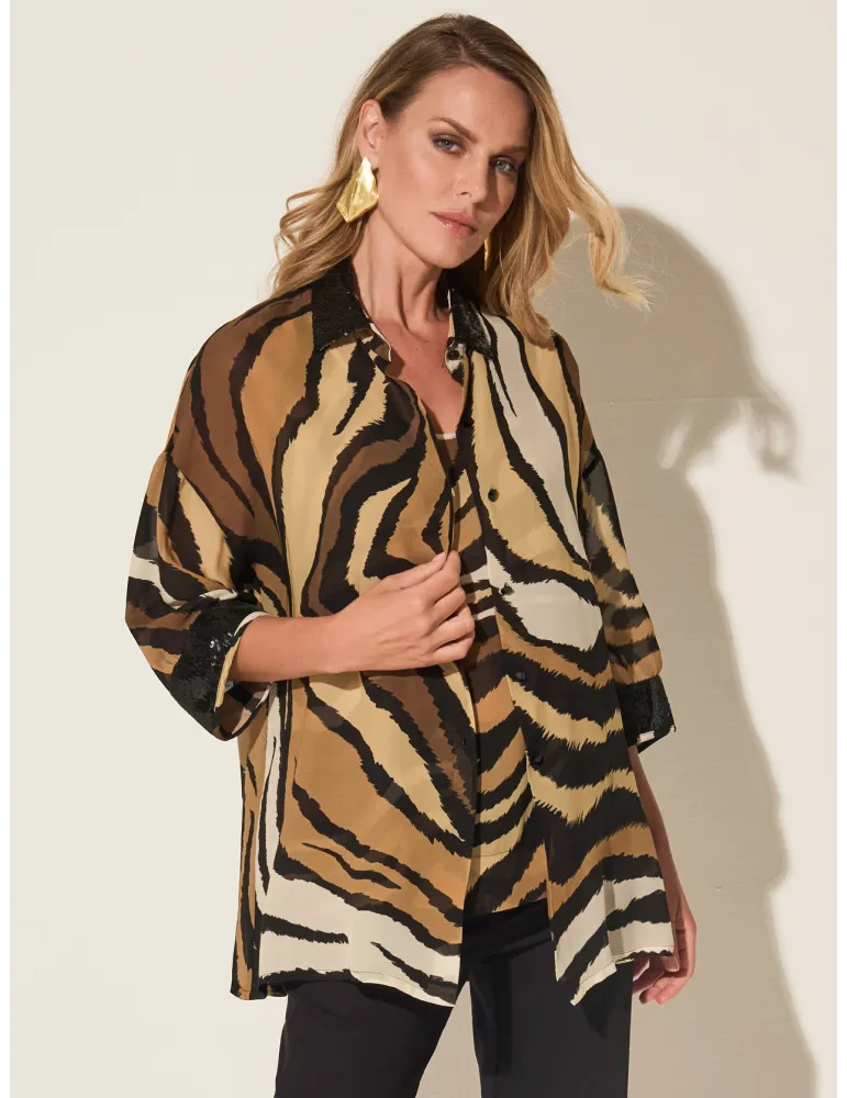 Piero Moretti camel black silk zebra printed shirt and top set Piero Moretti camel black silk zebra printed shirt and top set