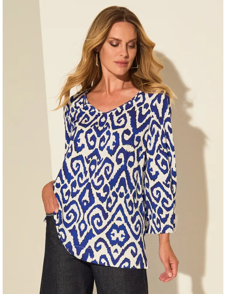 Blusa in viscosa fantasia bianco e azzurro Piero Moretti