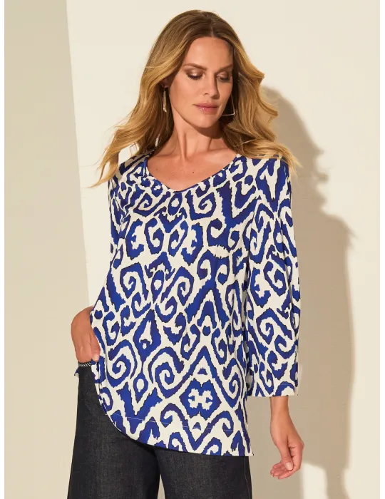 Blusa in viscosa fantasia bianco e azzurro Piero Moretti Blusa in viscosa fantasia bianco e azzurro Piero Moretti