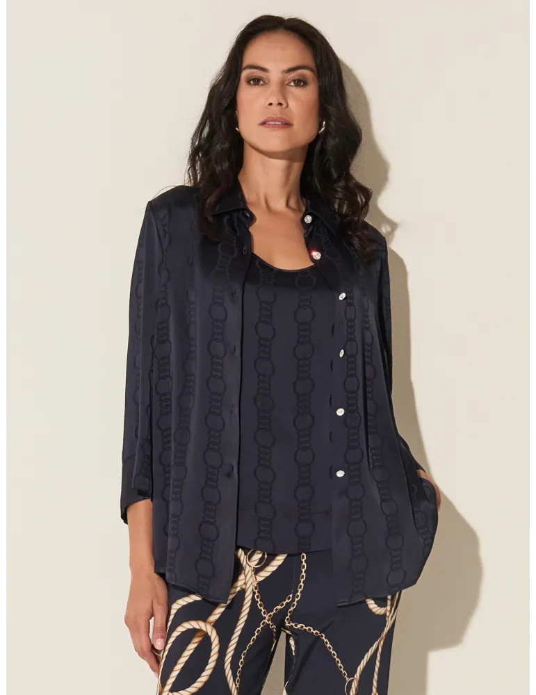 Piero Moretti 2025 | Twinset camicia e canotta seta blu devorè collane Piero Moretti 2025 | Twinset camicia e canotta seta blu devorè collane