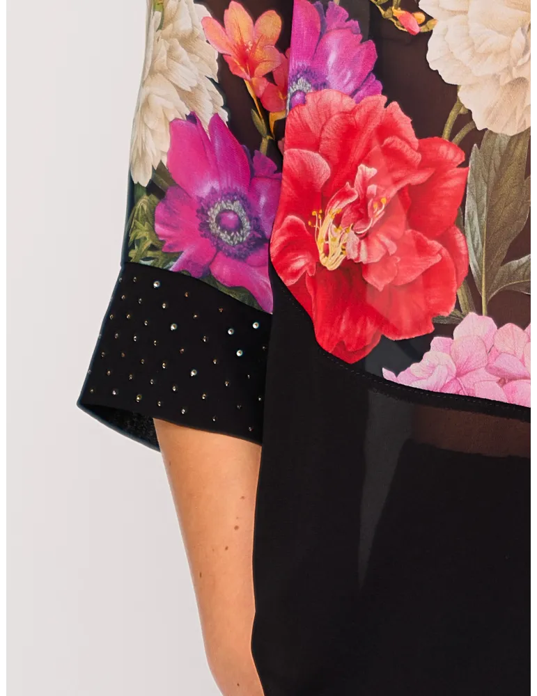 Mercuriali Black silk floral printed blouse shirt embroideries