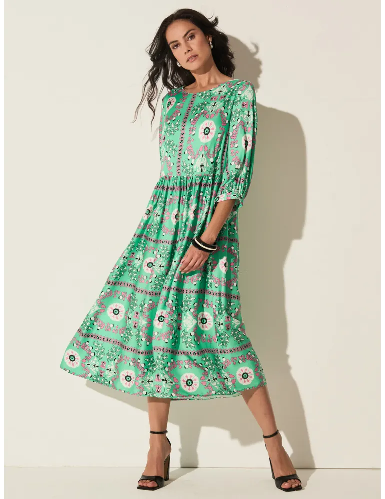 Piero Moretti Green and pink midi dress with gathered skirt Piero Moretti Green and pink midi dress with gathered skirt