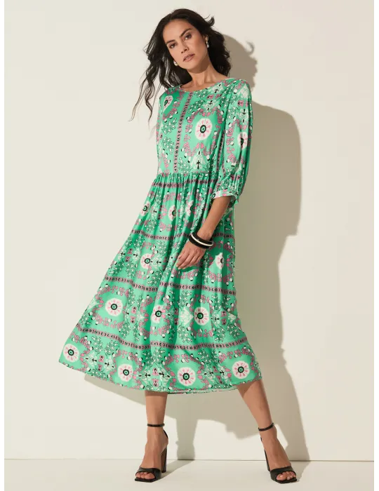 Piero Moretti 2025 | Abito verde fantasia naif gonna midi arricciata Piero Moretti 2025 | Abito verde fantasia naif gonna midi arricciata