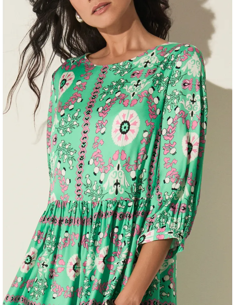 Piero Moretti Green and pink midi dress with gathered skirt