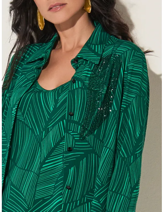 Piero Moretti green leaves rhinestones shirt and top twinset plus size