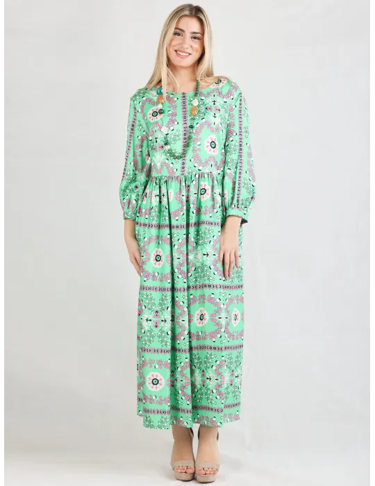 Piero Moretti 2025 | Abito verde fantasia naif gonna midi arricciata