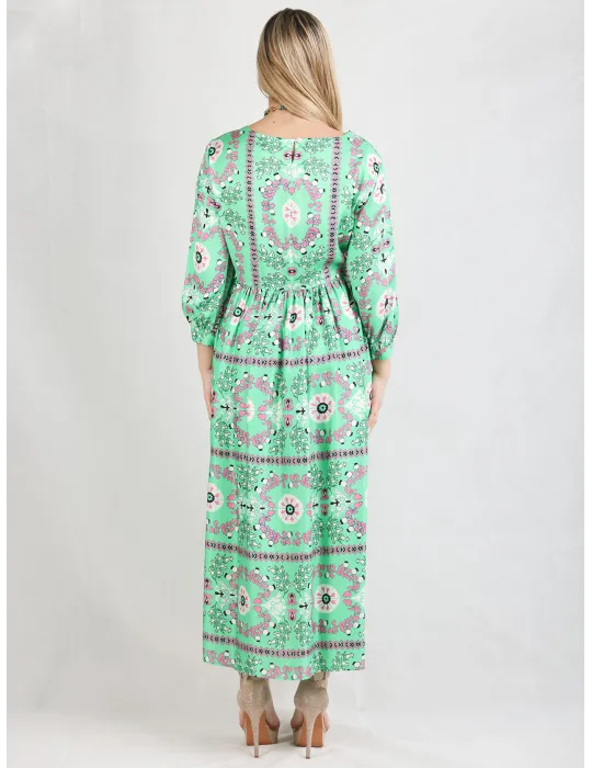 Piero Moretti 2025 | Abito verde fantasia naif gonna midi arricciata