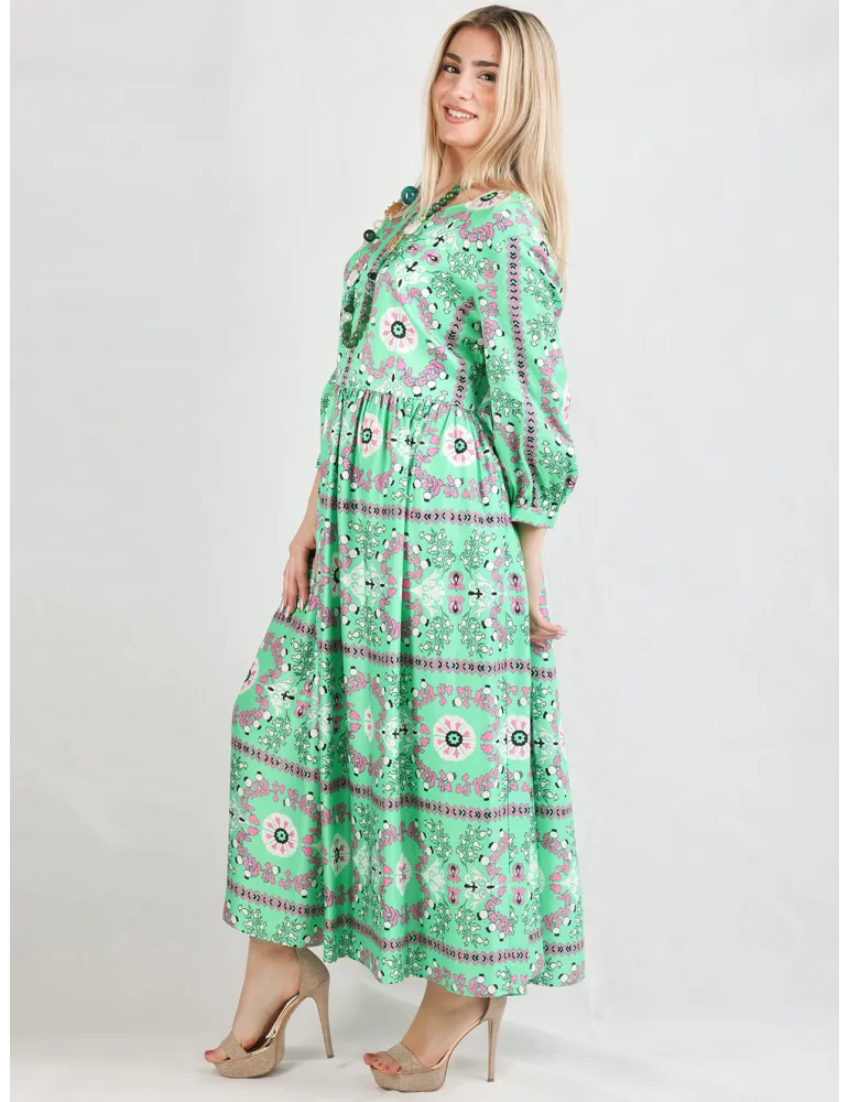 Piero Moretti Grünes Midi-Kleid mit gerafftem Rock