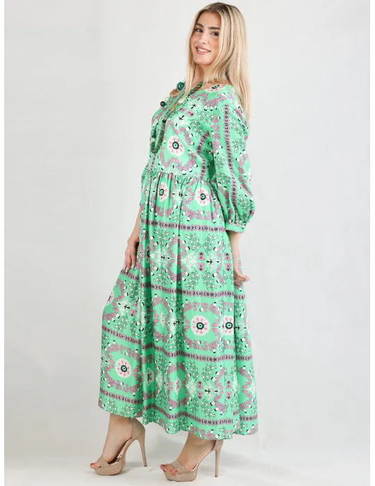 Piero Moretti 2025 | Abito verde fantasia naif gonna midi arricciata