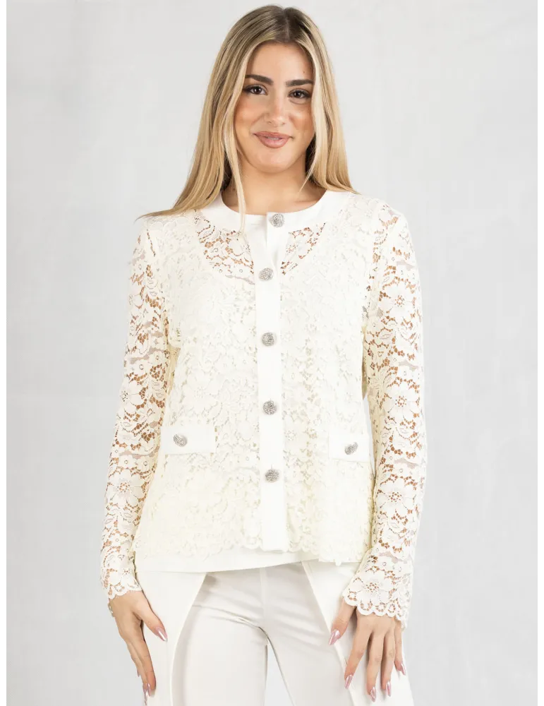 Piero Moretti White formal lace jacket with silver jewel buttons