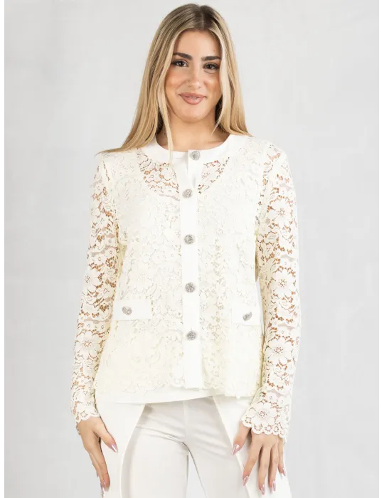 Piero Moretti White formal lace jacket with silver jewel buttons