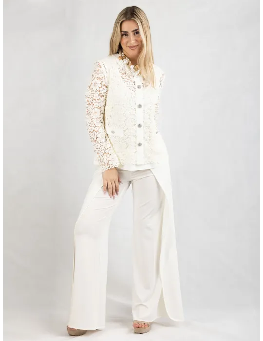Piero Moretti White formal lace jacket with silver jewel buttons