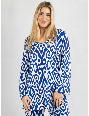 Piero Moretti Plus size White and royal blue v-neck long blouse 2