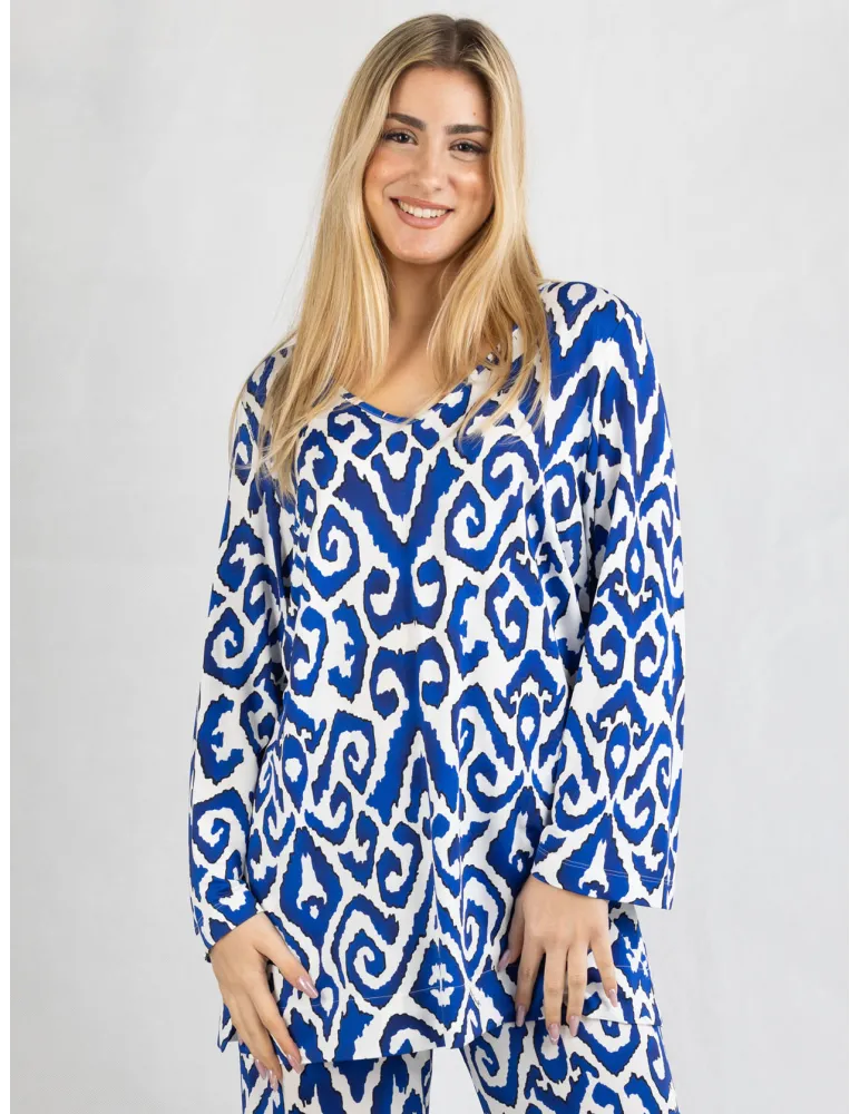 Blusa in viscosa fantasia bianco e azzurro Piero Moretti