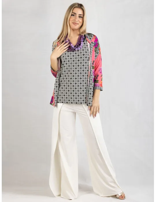 Meruriali black white and pink floral two pieces twinset