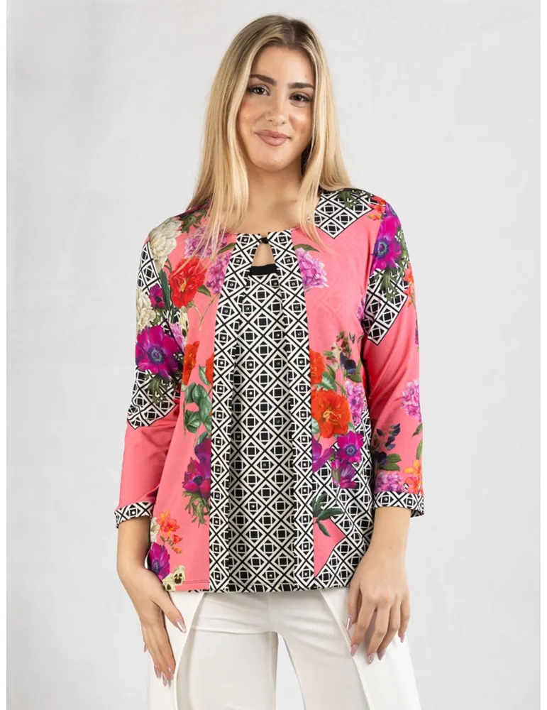 Meruriali black white and pink floral two pieces twinset