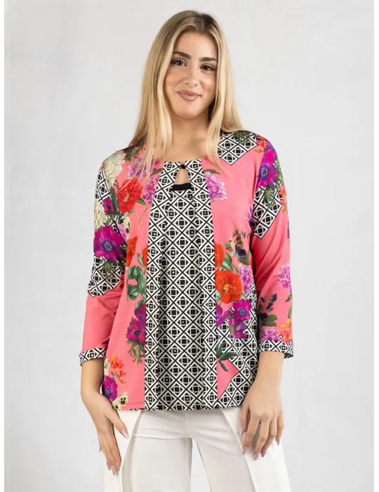 Meruriali black white and pink floral two pieces twinset