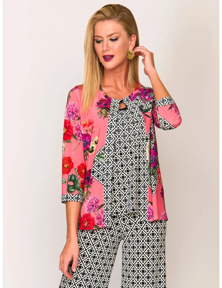 Meruriali Italy | Plus size silk foral two pieces twinset rhinestones