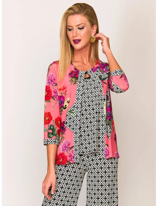Meruriali black white and pink floral two pieces twinset Meruriali black white and pink floral two pieces twinset