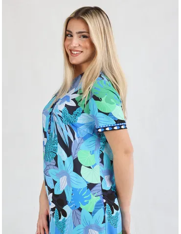 Piero Moretti blue and green floral sheath polo neck dress 2