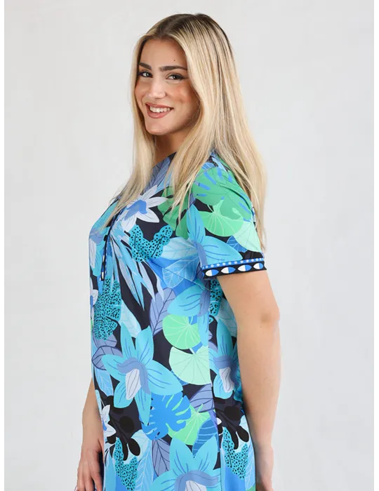 Piero Moretti blue and green floral sheath polo neck dress