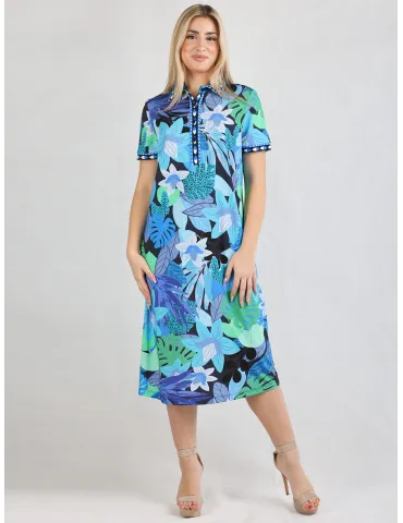 Piero Moretti blue and green floral sheath polo neck dress