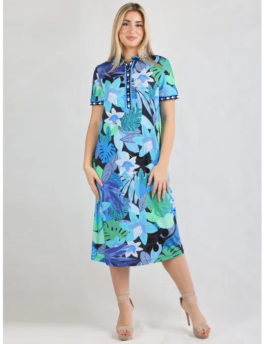 Piero Moretti blue and green floral sheath polo neck dress Piero Moretti blue and green floral sheath polo neck dress