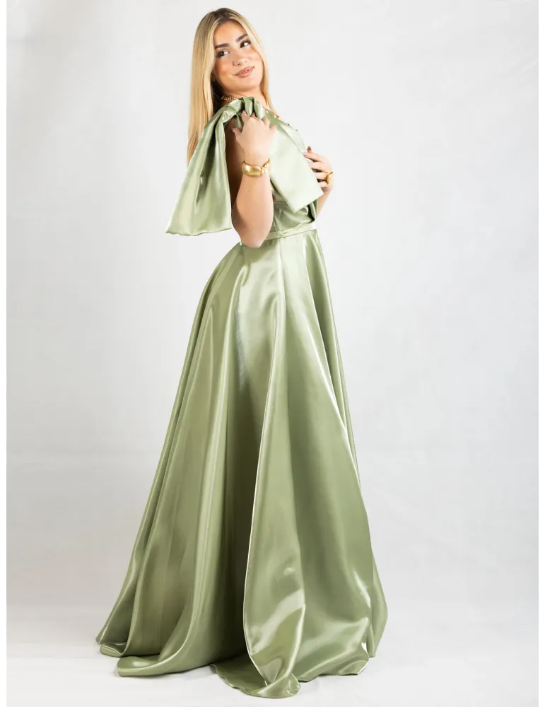 Green silk sheath corset mini dress with wide long skirt