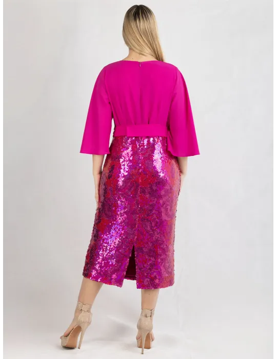 Abito tubino con gonna di paillettes fucsia e lilla Evassè 2025