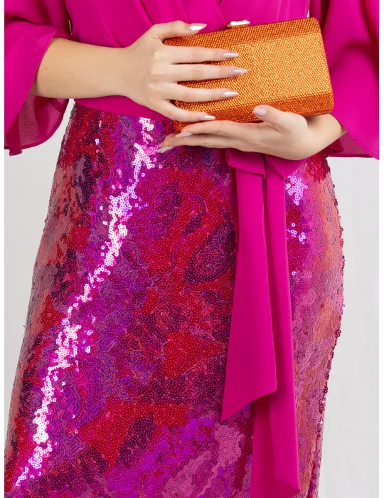 Abito tubino con gonna di paillettes fucsia e lilla Evassè 2025