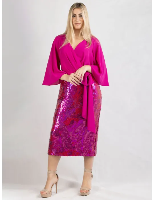 Abito tubino con gonna di paillettes fucsia e lilla Evassè 2025 Abito tubino con gonna di paillettes fucsia e lilla Evassè 2025