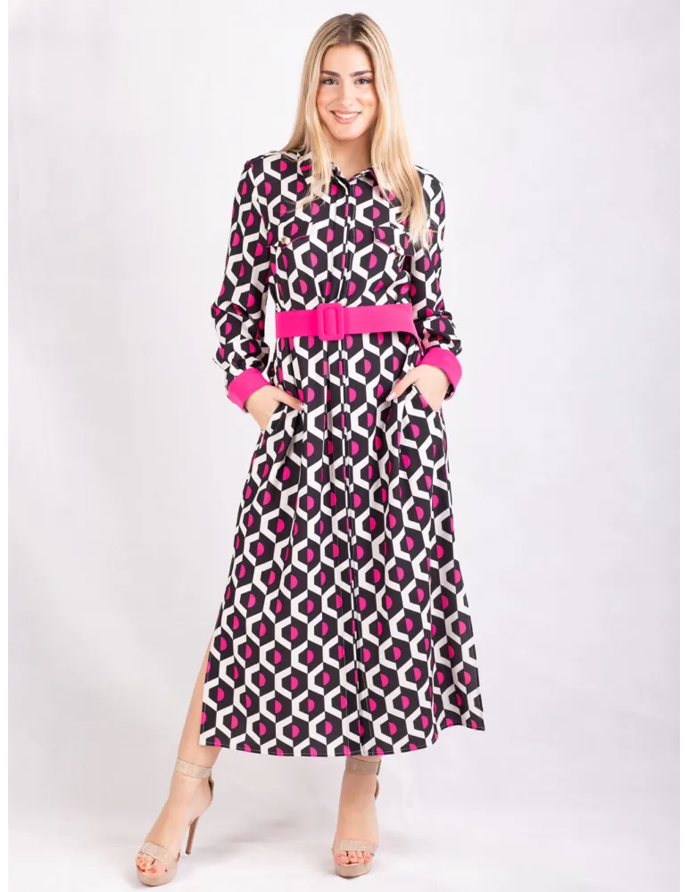 Abito midi aperto avanti chemisier anni 70 geometrie bianco nero fuxia Abito midi aperto avanti chemisier anni 70 geometrie bianco nero fuxia