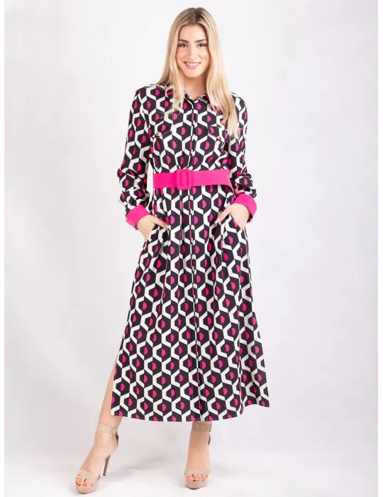 Abito midi aperto avanti chemisier anni 70 geometrie bianco nero fuxia Abito midi aperto avanti chemisier anni 70 geometrie bianco nero fuxia