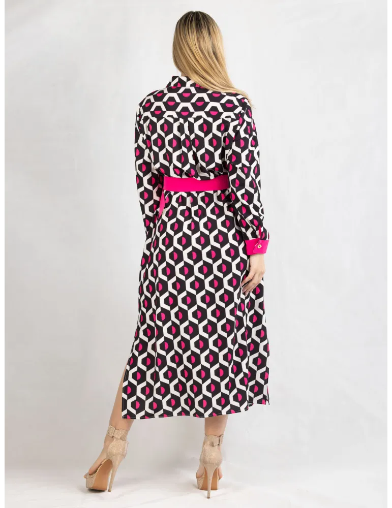 Abito midi aperto avanti chemisier anni 70 geometrie bianco nero fuxia