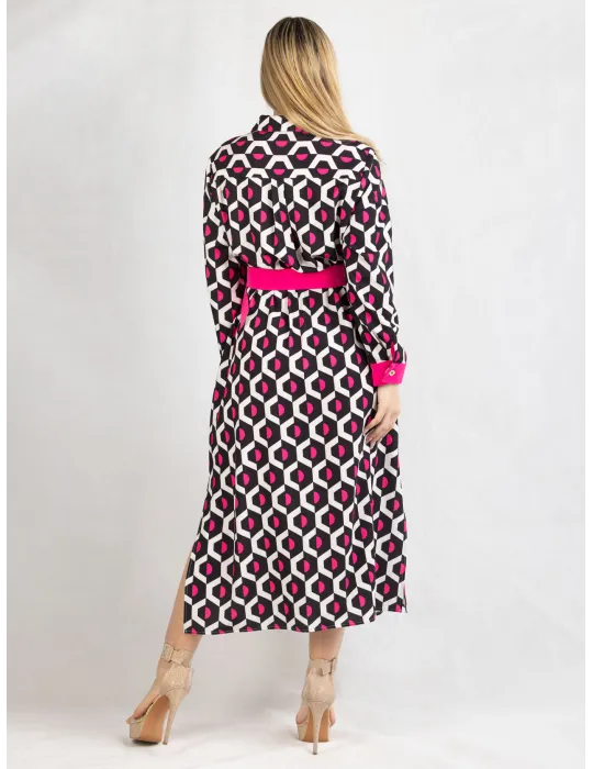Abito midi aperto avanti chemisier anni 70 geometrie bianco nero fuxia
